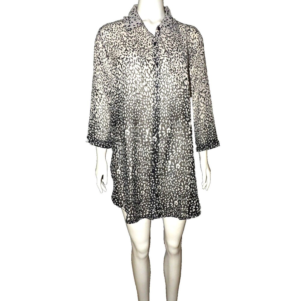 Zashi NWT Blouse Shirt Button Up Sheer Animal Print Ombre New Coverup 3/4 Sleeve